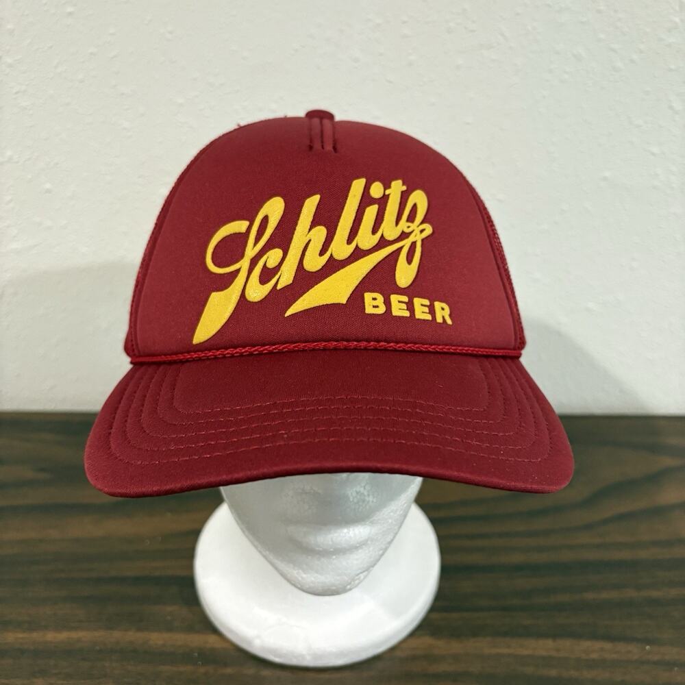 Schlitz Beer American Needle Rope Snapback Hat Maroon Red Yellow Mesh Trucker